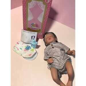 Realistic Reborn Baby Doll With Accessories & Birth Certificate Striped Gray Out